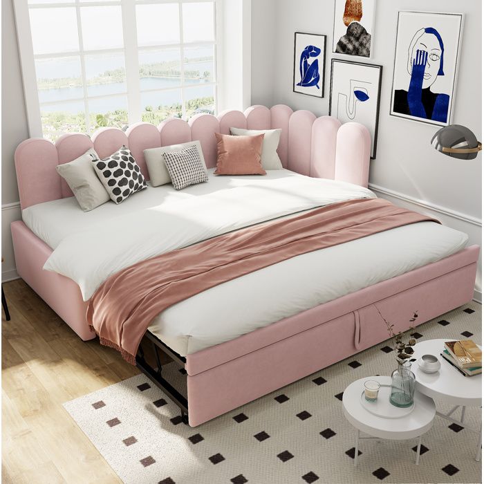 WOVREO Canapé-lit gigogne forme en L 90 x 200 cm extensible 180 x 200 cm velours rose