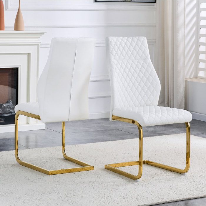 Lot de 2 chaises de salle à manger blanches et or en simili cuir PU dossier haut 100 cm motif losange