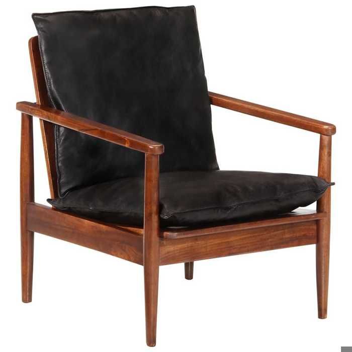 Meuble Fauteuil noir cuir véritable et bois dacacia solide SIEGE - ASSISE FF4606