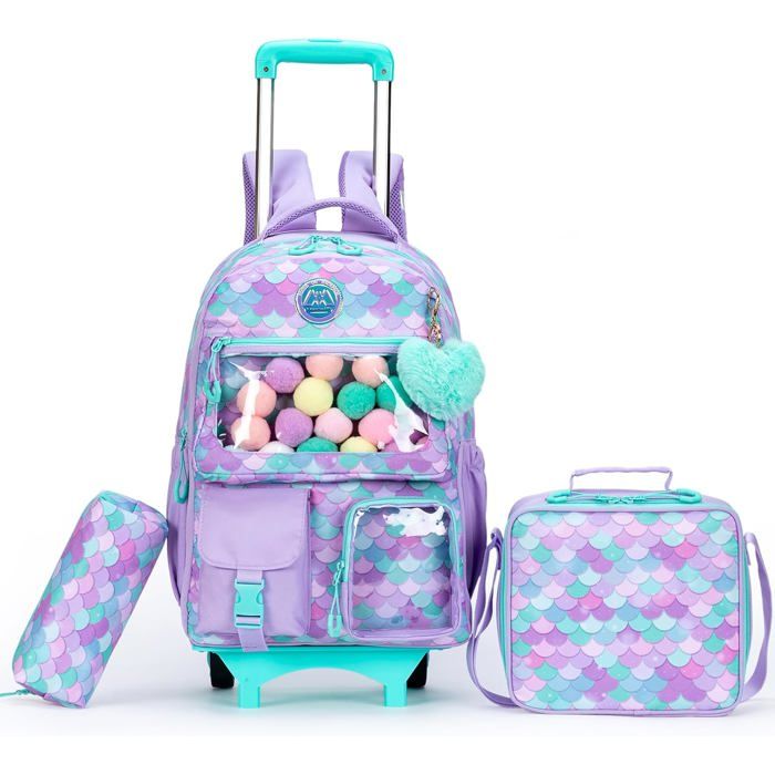 Cartable à roulettes fille - HTgroce - Lot 3 pièces - Sac primaire CE2 - 43 x 30 x 18 cm - Sac repas 27 x 15 cm
