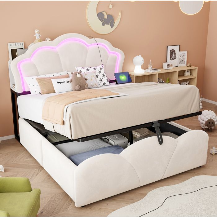 WOVREO Lit rembourré 140 x 200 cm en velours beige rangement hydraulique LED tête de lit avec rangements et prises intégrées