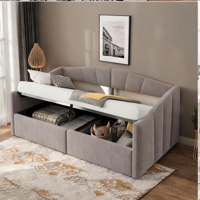 Sofa-lit monobloc 90×200 cm en velours chiné doux sommier lattes et coffre hydraulique