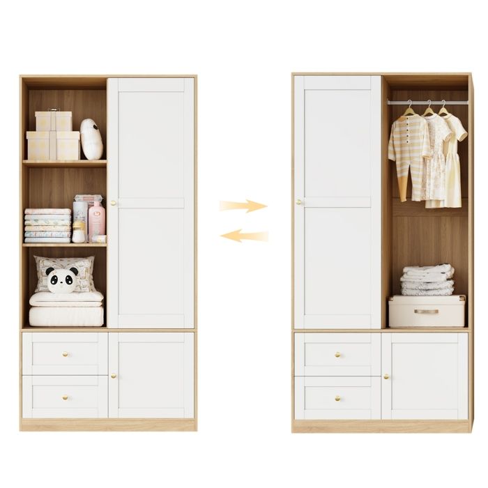 ELVORIN Armoire porte coulissante 90 x 50 x 180 cm blanc et aspect bois barre de penderie 2 tiroirs chambre