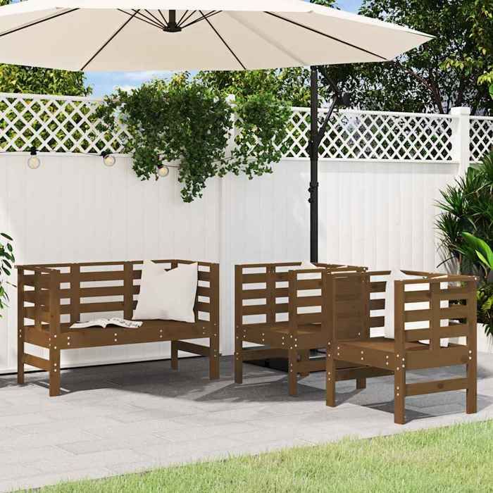 Brun Salon de jardin 3 pcs marron miel bois de pin massif - Meuble de balcon LV59697