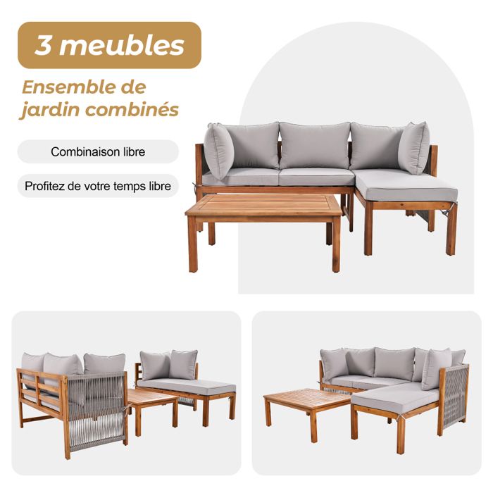 Confort extérieur salon de jardin 3 pièces avec 2 banquettes 2 places table basse coussins 8 cm pieds réglables