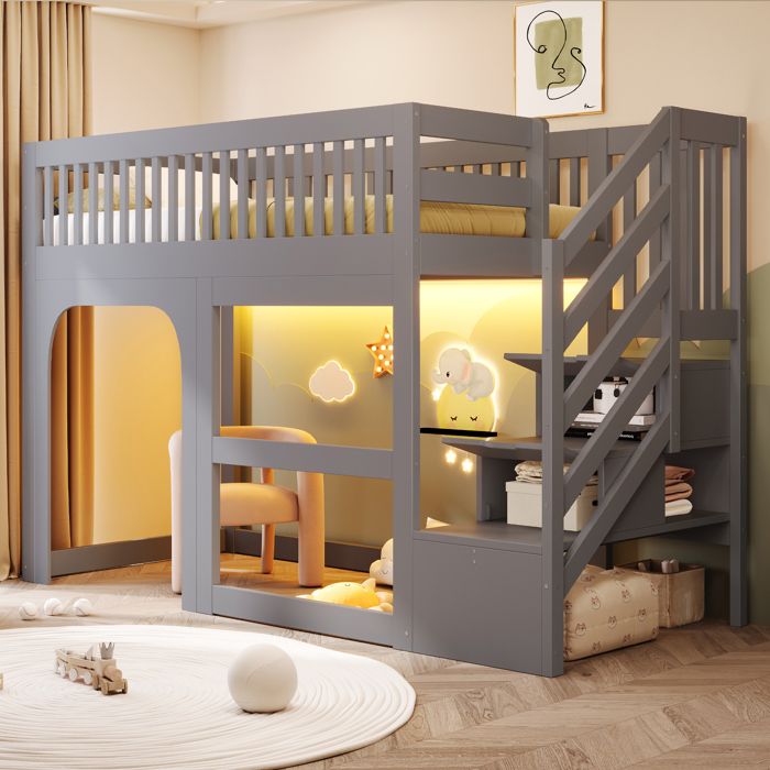 Lit mezzanine bas enfant 90x200 cm escalier de rangement espace jeu avec décor porte et fenêtre LED garde-corps pin et MDF gris