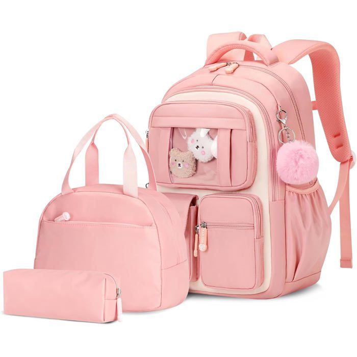 Ensemble cartable fille rose en nylon - 3 pièces - 33x17x44 cm - 7 poches - Fermeture éclair - Étanche