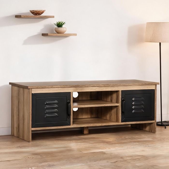 Meuble TV 110 cm industriel brun clair et noir 2 portes métal 2 niches passe-fils - Brun clair Noir Panneau de particules classe
