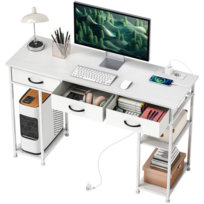 Bureau avec rangement avec prises de courant 3 tiroirs en tissu et 4 étagères de rangement 120 x 40 x 76 cm blanc
