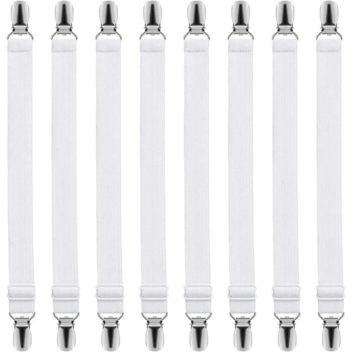Attaches Draps de Lit Robustes Pince Élastique Réglable pour Maintien de Matelas Blanc x8