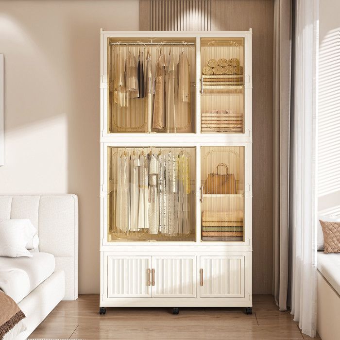 Armoire de Chambre - 150x50x167 cm - Dressing Modulaire en Plastique PP avec 9 Portes 2 Tringles et Roulettes - Beige