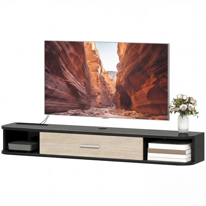 Meuble TV Suspendu - Meuble TV Mural Porte Rabattable 2 Etagères - TV 50 Pouces - 120 x 26 x 16 cm - Noir