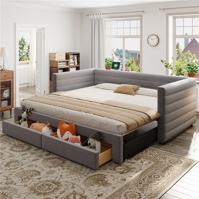 Lit banquette 90x190 extensible 3 en 1 avec tiroirs canapé convertible coton lin gris multifonction Lit banquette 90x190 extensible 3 en 1 avec tiroirs canapé convertible coton lin gris multifonction