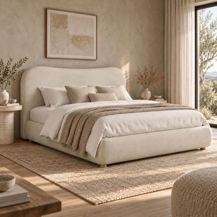 Lit double 160x200 cm avec Coffre Hydraulique Tête de Lit Rembourrée Design Arrondi Sommier à Lattes Chenille Beige