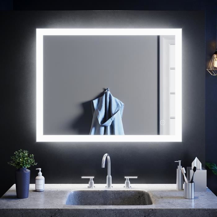Miroir Salle De Bain LED 80 Cm – Cadre Noir – Anti-buée – 3 Couleurs De Lumière – Intensité Variable – Interrupteur Tactile – IP44