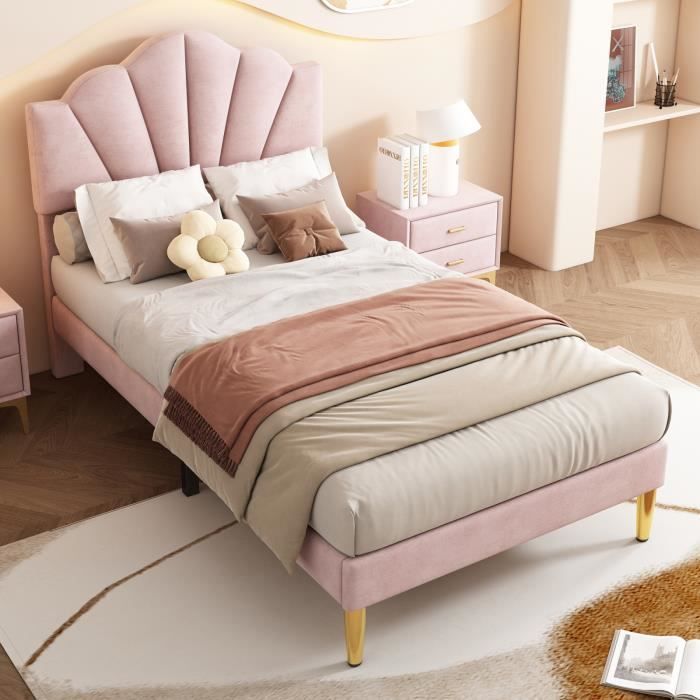 lit rembourré en velours taille 90*200 cm, tête de lit réglable, design coque, avec pieds en fer doré, couleur luxueuse rosa