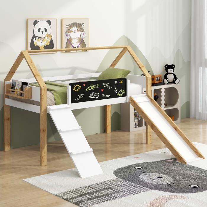 Lit Cabane Mezzanine Enfant 90x200 Cm – Avec échelle, étagère, Toit – Couleur Rose, Sans Matelas – Capacité 120 Kg