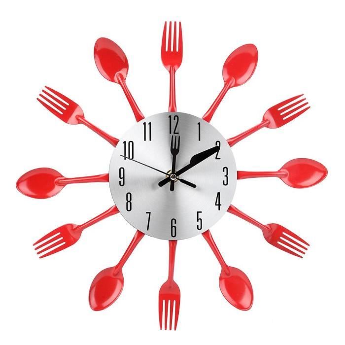 MEIHE Horloge de coutellerie et fourchette cuillère en acier inoxydable horloge murale cuisine décoration rouge