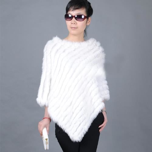 etole-poncho-veste de fourrure en lapin d'élevage véritable tricoté pt01 blanc