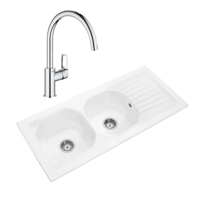 Evier 2 bacs VILLEROY ET BOCH Nestor Plus + Mitigeur cuisine bec haut GROHE Bauloop
