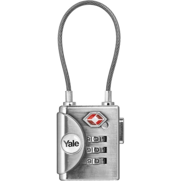 Cadenas câble TSA à Code Combinaison Programmable 3 Chiffres - Yale - Homologué TSA - Gris