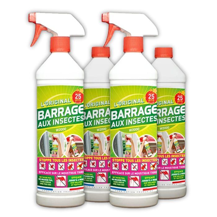 TELESHOPPING - Lot de 4 Barrage aux Insectes W2000 (4x1L) avec 2 Vaporisateurs- Stoppe tous les Insectes Volants et Rampants