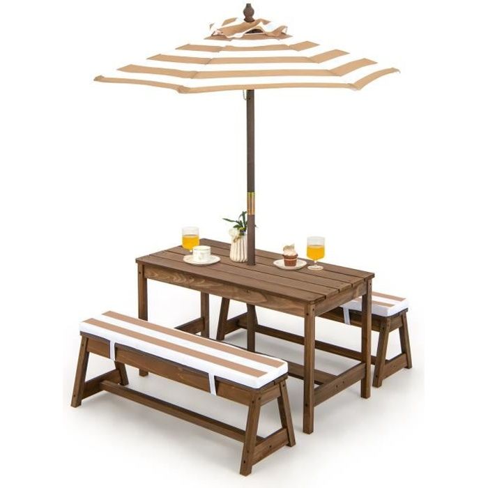 costway table et 2 bancs de jardin avec parasol et coussins en sapin table de pique-nique pour 4 enfants beige-blanc rayé