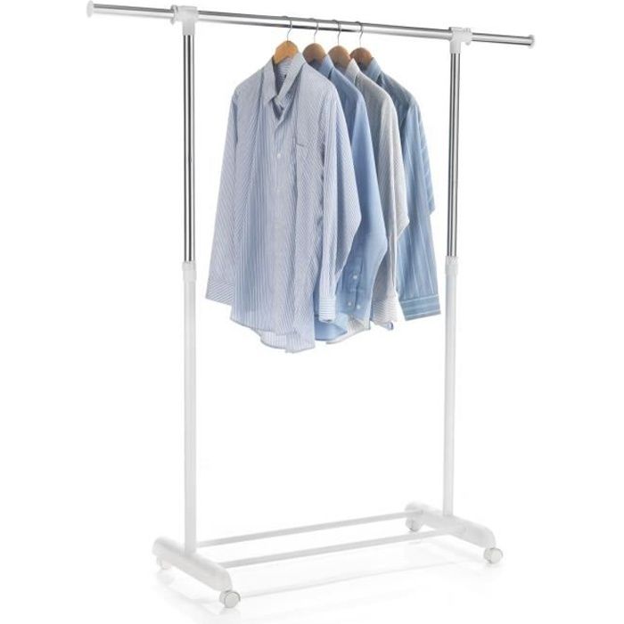 portant simple à vêtements sala penderie sur roulettes vestiaire avec 1 barre extensible et hauteur réglable, métal chromé et blanc