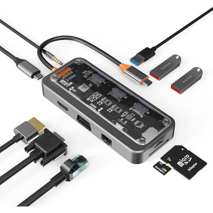 Hub USB C, Adaptateur 10 en 1,HDMI 4K, VGA, USB 2.0-3.0, Port USB-C PD, AUX 3,5 mm Audio, Carte SD-TF, Gigabit Ethernet - KENUOS