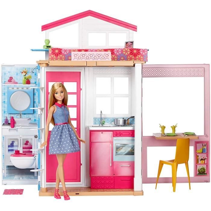 3 pièces dont cuisine jouet pour enfant Barbie Mobilier Maison Glamour avec poignée de transport CFB65 une poupée incluse chambre et salle de bain