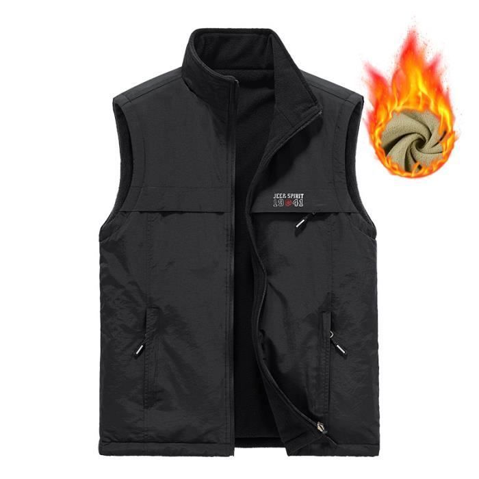 Gilet Reversible Homme Veste Chaude Sans Manches Double Polaire Col Montant Automne Hiver Couleur Unie Noir