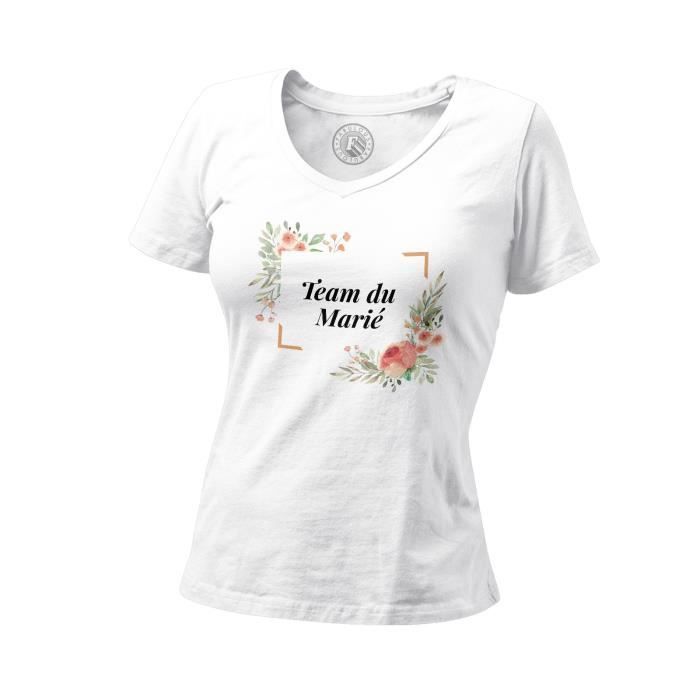 T shirt Femme Col V Team du Mari Mariage Fianc e Cadre Floral
