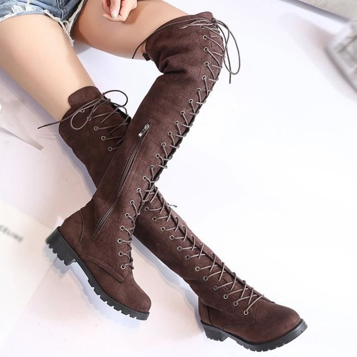 Bottes de cavalier plates a lacets pour femmes en daim a glissiere laterale d hiver de couleur unie brun Brun Cdiscount Chaussures
