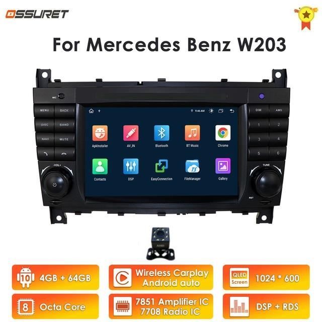 4G+64G Lecteur multimédia d'autoradio Android10 à 8 cœurs pour Mercedes Benz classe C W203 2004-2007 CLC CLK W209 Carplay GPS Navi