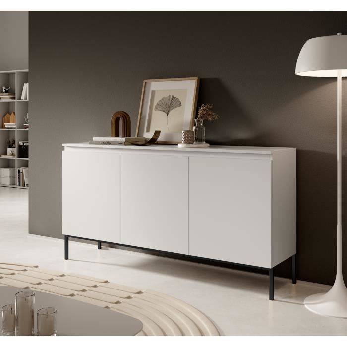 Commode à trois portes - BEMMI - 150 cm - blanc avec pieds noirs Commode à trois portes - BEMMI - 150 cm - blanc avec pieds noirs