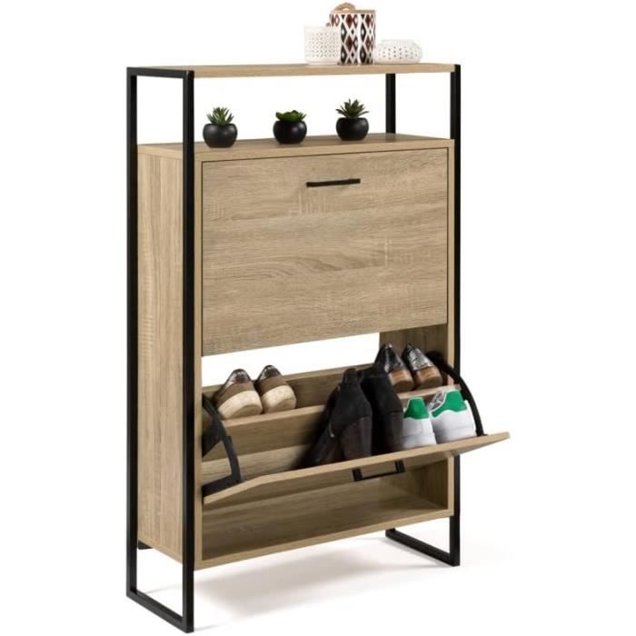 Étagère à Chaussures 8 Niveaux Avec Patères - Bois Et Noir, Design Industriel - Dimensions 27x27x110 Cm - Rangement Entrée, Dressing