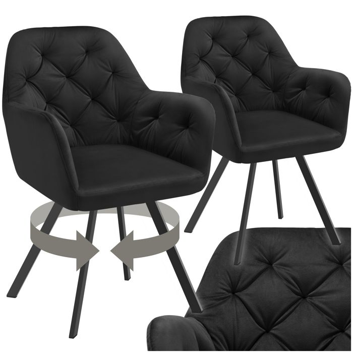 Chaise - TECTAKE - Lot de 2 fauteuils LUCIA pivotants et rembourrés en velours motif matelassé 58 x 58 x 87 cm - Noir