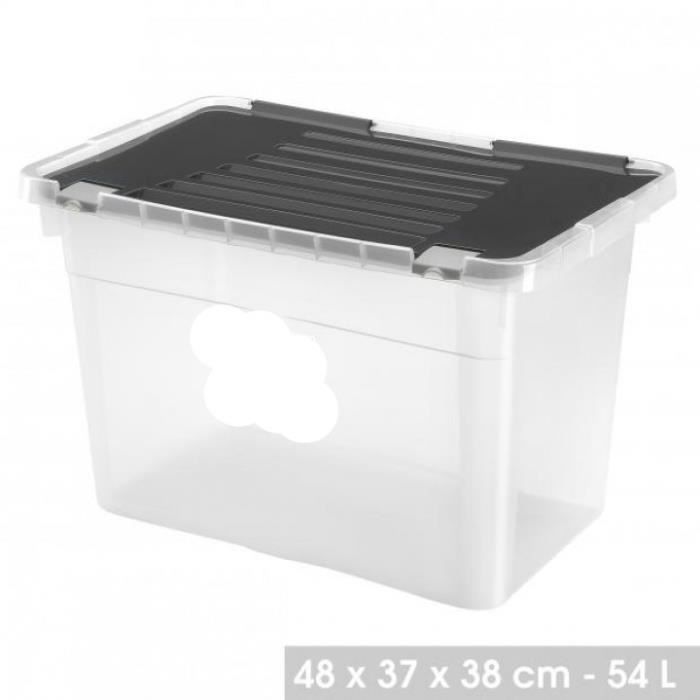 box de rangement boite compact 54 litres avec couvercle clip noir bac transparente  (pp) sans bpa – 58 x 37 x 38 cm