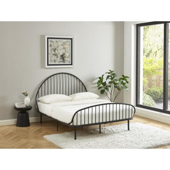 HOMCOM Cadre de lit double en acier avec sommier et tête de lit compatible matelas  140 x 190 cm aspect bois foncé