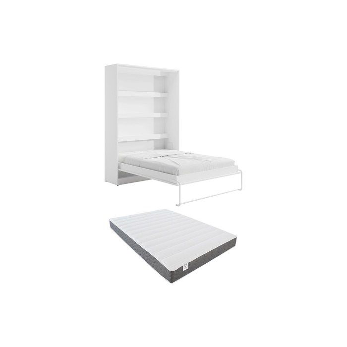 Lit escamotable 140 x 200 cm - Ouverture verticale manuelle - Blanc + Matelas - RAPILI Lit escamotable 140 x 200 cm - Ouverture verticale manuelle - Blanc + Matelas - RAPILI