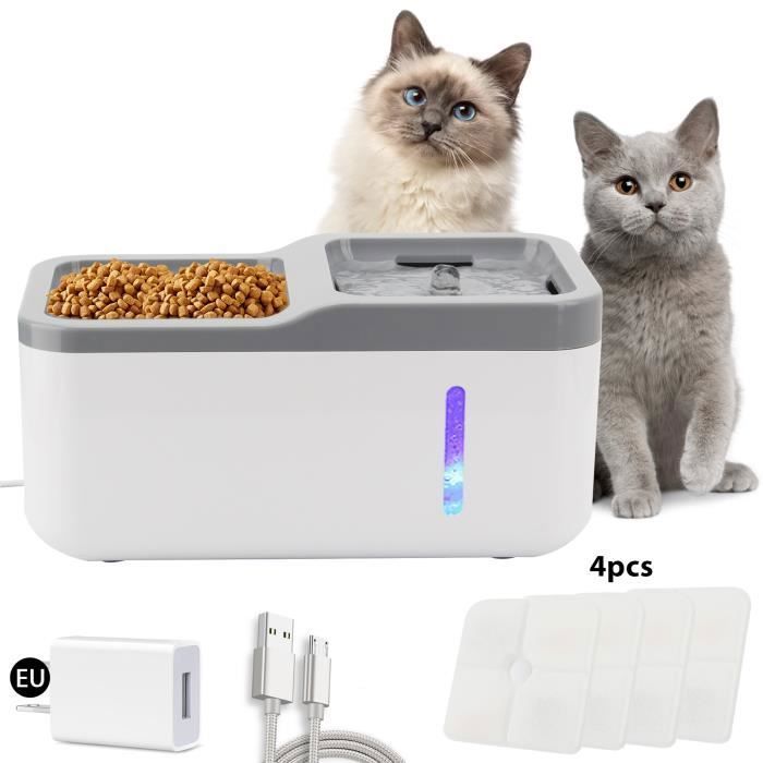Fontaine à eau chat/Distributeur Croquettes Chat ®WHD© 2 en 1 pour Chats Chiens + 4pcs filtres Super Silencieux Multifonctionnel
