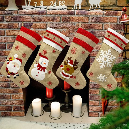 Chaussettes De Noël En Toile De Jute - Lot De 4, Motifs Festifs, Boucle De Fixation, Décoration Cadeaux