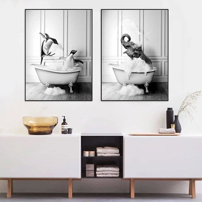 Poster Girafe Dans La Salle De Bain - 40x30 Cm, Impression Papier Couché, Sans Cadre !