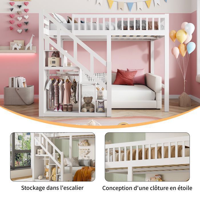 Lit Mezzanine Enfant 90x200 Cm Avec Escalier Rangement Et Barrière De Sécurité – Blanc, En Bois – Transformable En 2 Lits Simples – Idéal Pour Chambre Partagée