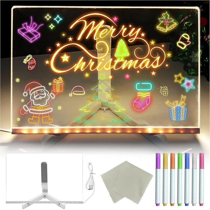 Tableau LED Lumineux En Acrylique Transparent – 7 Couleurs, Avec 7 Stylos, Support Réglable, Effaçable à Sec – Pour Maison, école, Café