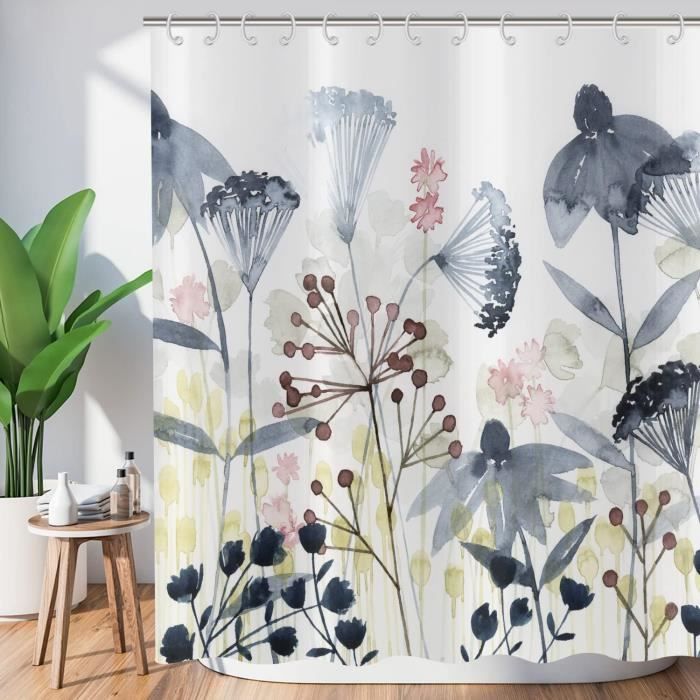 Rideau De Douche Fleuri Rose Gris 90x180 Cm - Style Boho Vintage, Polyester Imperméable, Facile à Nettoyer - Décoration Salle De Bain