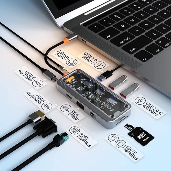 HUB USB C, Adaptateur 10 en 1 avec 4K-HDMI, VGA, USB 3.0, Type C, Port PD, Ethernet  RJ45, Lecture Carte SD/TF, AUX 3,5 mm Audio - Cdiscount Informatique
