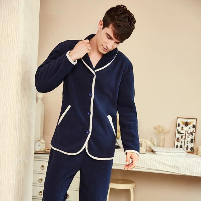 Funmoon Pyjama Homme Epais Double Polaire Manches Longues Col Revers Couleur Unie Vin rouge Cdiscount Pret a Porter