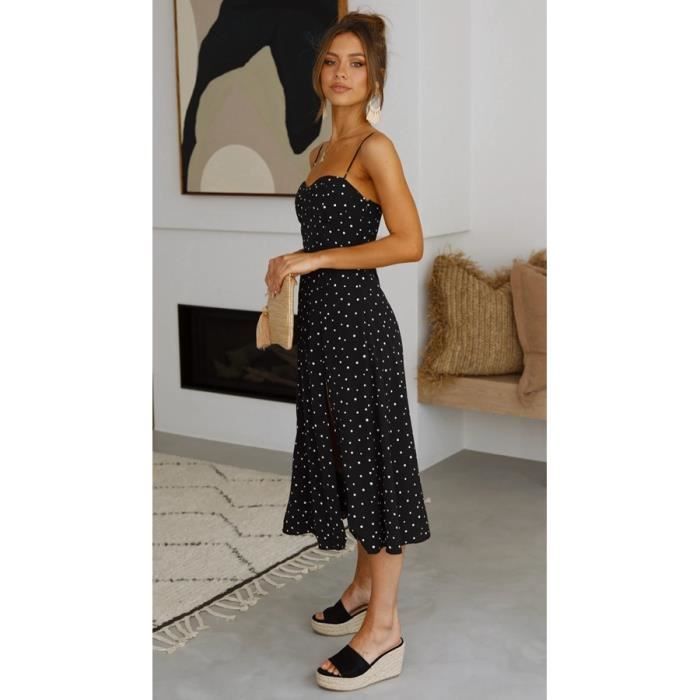Robe Mi Longue Femme Robe a bretelles d ete fendue a pois Sexy Noir Cdiscount Auto
