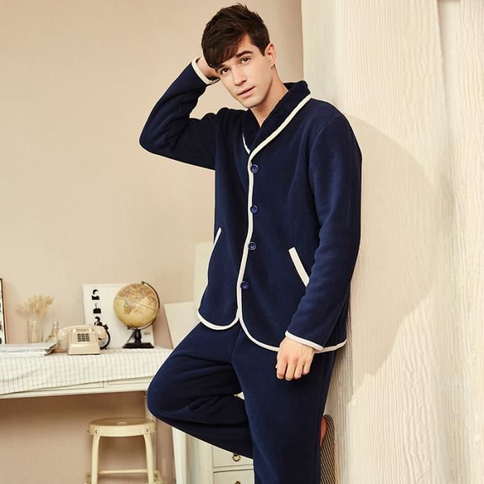 Funmoon Pyjama Homme Epais Double Polaire Manches Longues Col